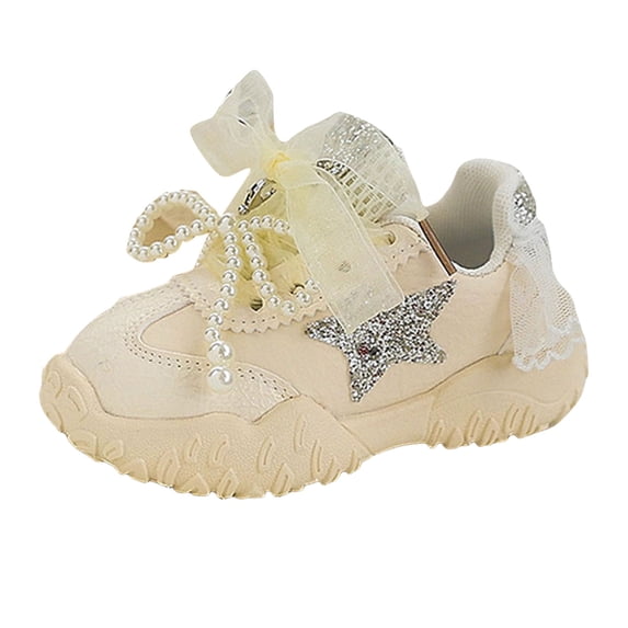 Toddler Girls Pearl Bowknot Slip On Sneakers Kid's Non Slip Walking Shoes Fashion Sparkly Tennis Shoes
