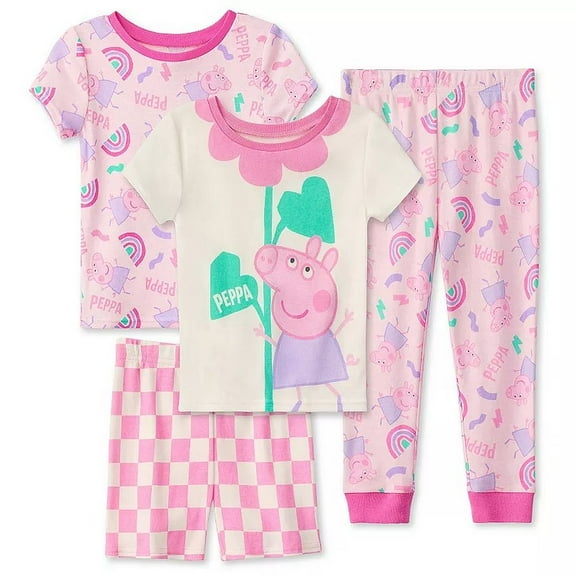 Peppa Pig Flowers and Rainbows Toddler Girl's Short-Sleeved 4-Piece Pajama Set, Size 3T