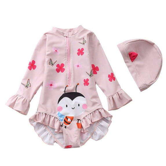 Toddler Girls Pink Cartoon One Piece Swimsuits Long Sleeve Sun Protection Rufled Rash Guard Zipper Front Bathing Suit with Swimming Hat 1-7T