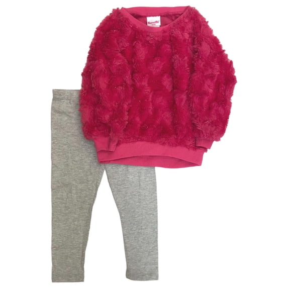 Toddler Girls Pink Fuzzy Heart Sweater Shirt & Sparkly Gray Legging Outfit 4T