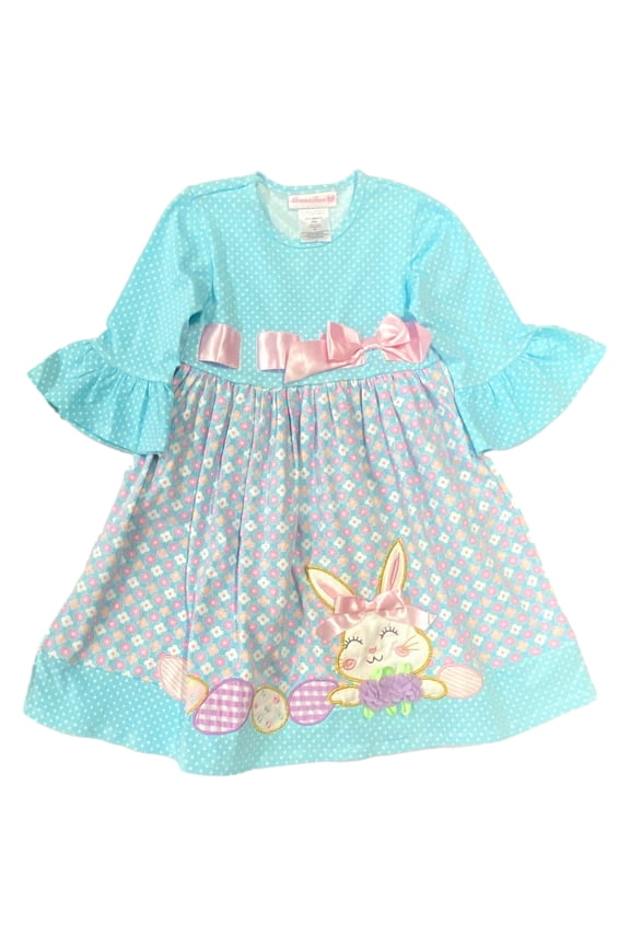 Toddler Girls Blue Polka Dot Floral Easter Bunny Dress 4T