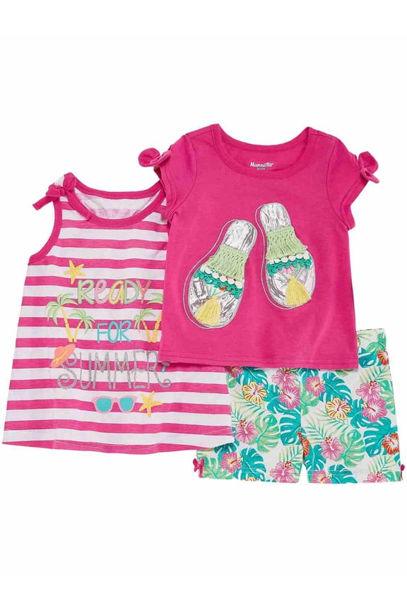 Toddler Girls Pink Ready For Summer Outfit Sandal T-Shirt Floral Shorts & Dress