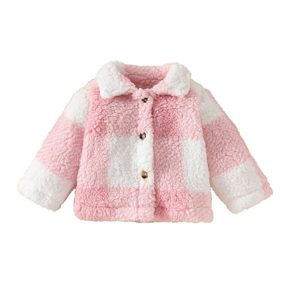Toddler Girls Plaid Jacket, Baby Girls' Fuzzy Fleece Jacket Fall Winter Lapel Button Long Sleeve Outwear Coat Pinks 12 Months