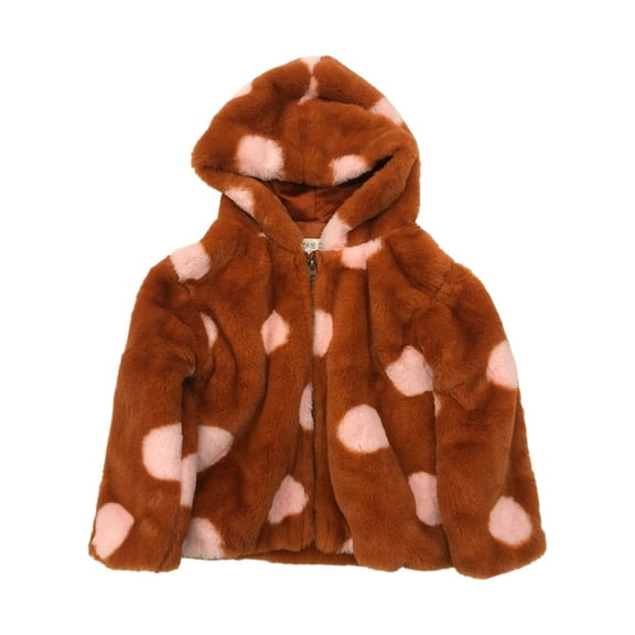 Toddler Girls Plush Brown & Pink Polka Dot Hooded Jacket Coat 4T
