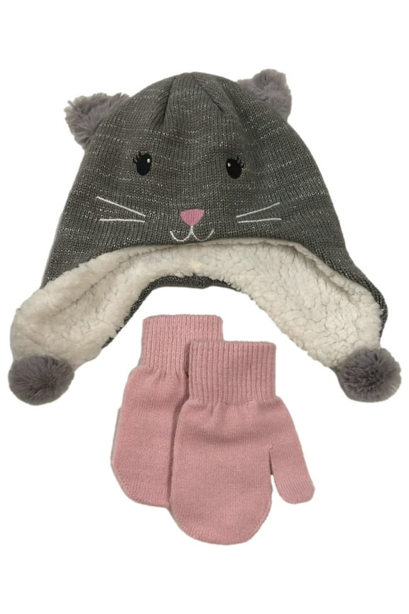 Toddler Girls Plush Gray Sparkle Mouse Beanie Trapper Hat & Mittens Set 2T-4T