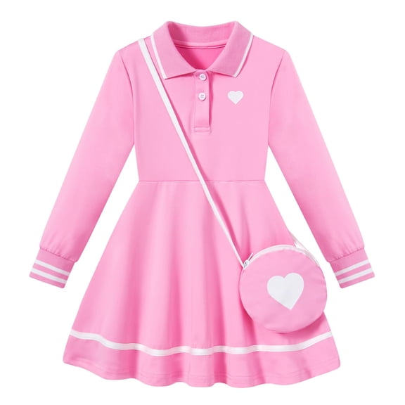 Aideaone Toddler Girls Dresses Long Sleeve Collared Polo Sundress Matching Heart Crossbody Bag Preppy Swing A Line Uniform Dress for Little Girls 2-7Y