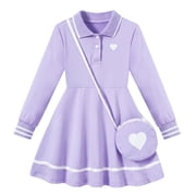 Aideaone Girls Polo Dress Long Sleeve Collared School Uniform Dress with Heart Crossbody Bag 2 Piece Preppy Set for Toddler Girls 2-7Y