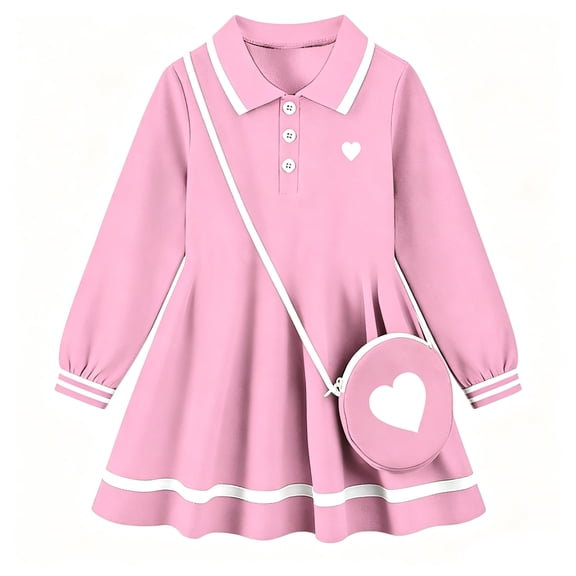 Toddler Girls Polo Dress with Matching Bag Long Sleeve Heart Print A Line Casual Kids Dress for 3-7 Years School Daily Wear