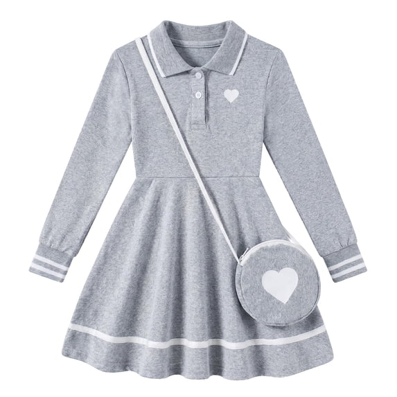 Aideaone Toddler Girls Long Sleeve Polo Dress with Matching Heart Crossbody Bag 2T-7T
