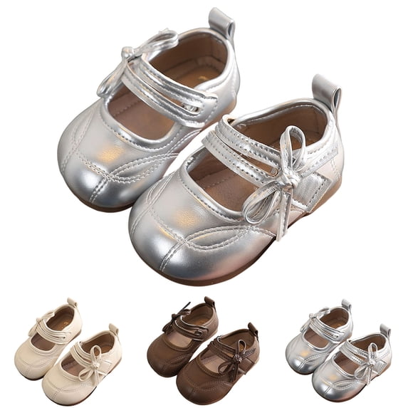 Toddler Girls Princess Dress Flats Double Strap Bow Decor Mary Janes Shoes Non Slip Soft Sole PU Leather Lightweight Walking Shoes for Little Girls Silver 26