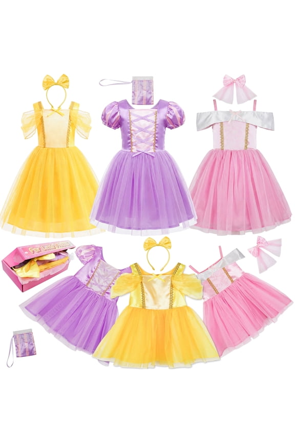 Toddler Girls Princess Dress Up Trunk, 6-Piece Fairy Tale Role Play Costume Set for Kids Birthday Party Sizes 2T