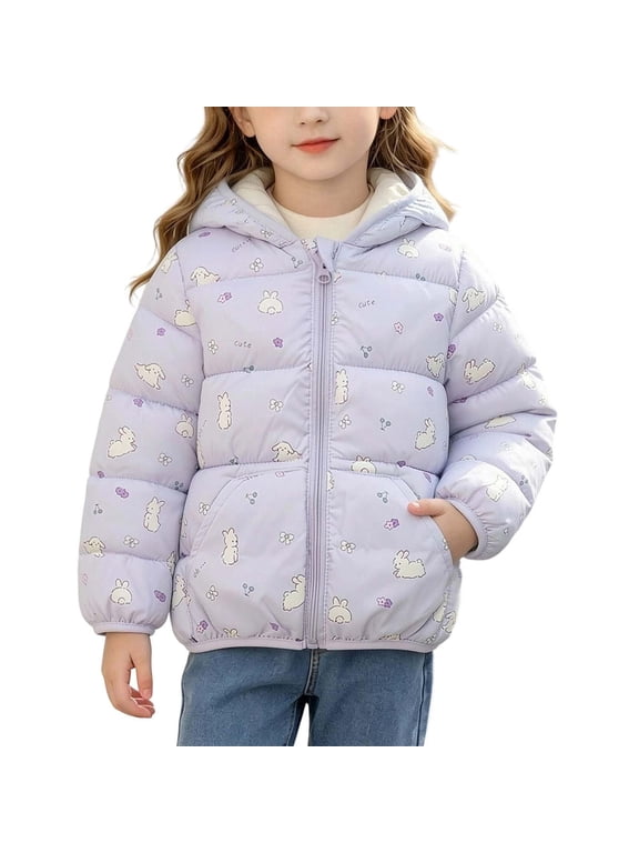 Toddler Girls Puff Jacket with Hood Long Sleeve Full Zip Cute Warm Casual Winter Coats Purple 4 T