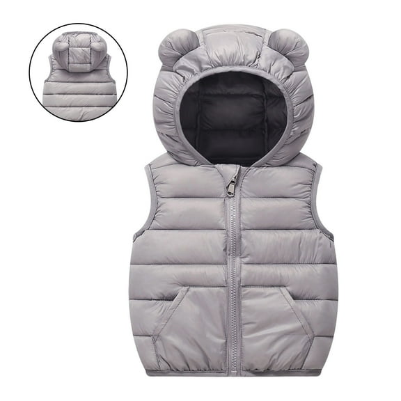 Toddler Girls Puffer Vest Hooded Grey Puffer Vest Full-Zip Lightweight Sleeveless Bear Ears down Jacket Fall Winter Clothes 12-18 Months