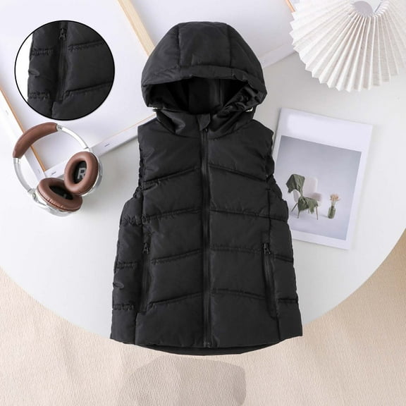 Toddler Girls Puffer Vest Hooded Jacket Black Vest Kids Zip up Sleeveless Lightweight Boys Puffer Jacket Fall Clothes 3-4 Years
