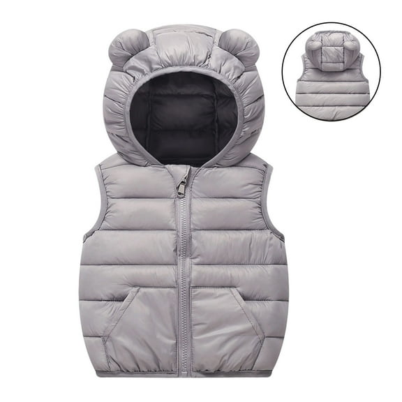 Toddler Girls Puffer Vest Hooded Jacket Grey Puffer Vest Zip up Lightweight Sleeveless Bear Ears down Jacket Girls Vests 12-18 Months