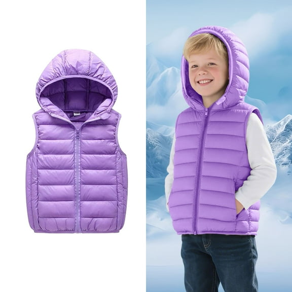 Toddler Girls Puffer Vest Hooded Jacket Purple Vest Kids Zipper Lightweight Sleeveless Windproof down Jacket Boys Winter Vest 3-4 Years