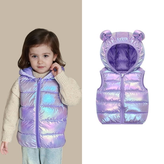 Toddler Girls Puffer Vest Hooded Purple Vest Kids Zipper Lightweight Sleeveless Bear Ears Windproof down Jacket Vest for Girls 3-4 Years