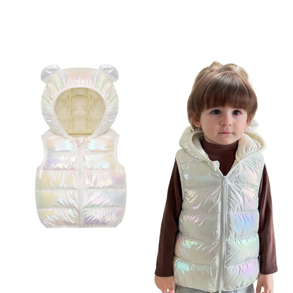Toddler Girls Puffer Vest Hooded White Vest Kids Zip up Sleeveless Bear Ears Lightweight Kids Puffer Jacket Boys Vest 1-2 Years