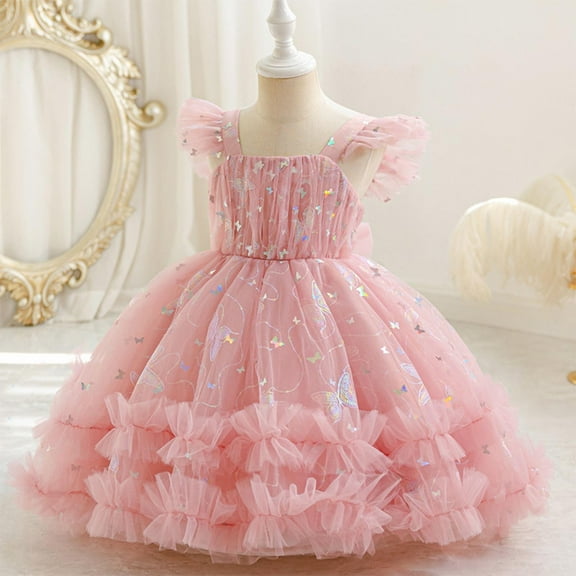 Toddler Girls Puffy Tulle Dress Ruffle Layered Wedding Party Birthday Communion Princess Dresses Butterfly Ball Gown