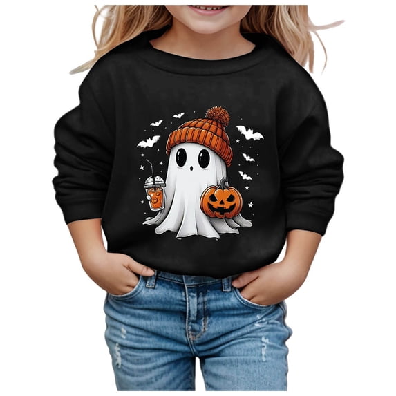 Toddler Girls Pullover Sweatshirts Halloween Pumpkin Ghost Print Children Cute Crew Neck Hoodless Long Sleeve Preppy Tops Size 3-4T