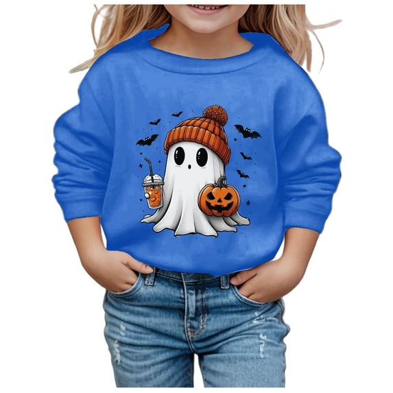 Toddler Girls Pullover Sweatshirts Halloween Pumpkin Ghost Print Children Cute Crew Neck Hoodless Long Sleeve Preppy Tops Size 4-5T