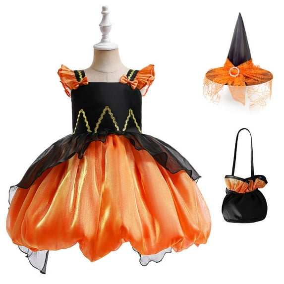 Toddler Girls Pumpkin Costume Dress with Candy Bag Halloween Outfits, 3-7 Year