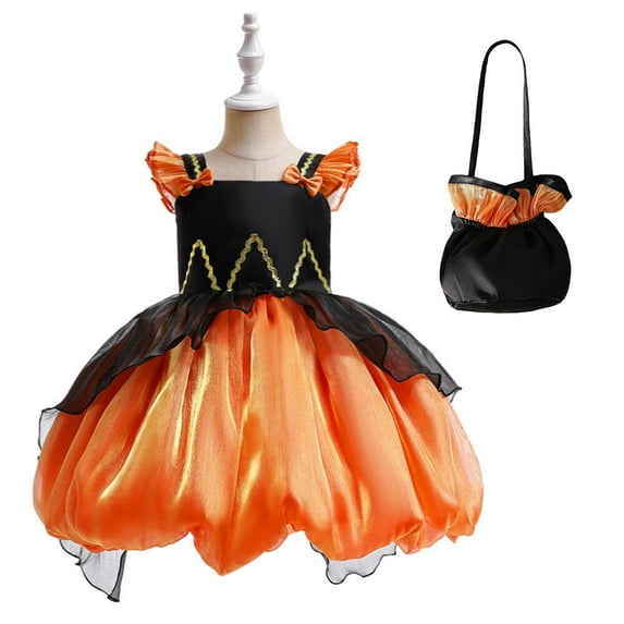Toddler Girls Pumpkin Costume Dress with Candy Bag Halloween Outfits, 3-7 Year