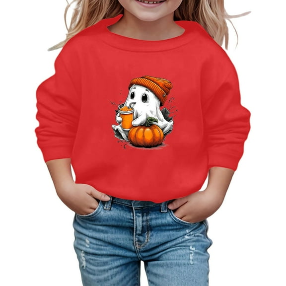 Toddler Girls Pumpkin Skeleton Bat Ghost Sweatshirt Cute Print Long Sleeve Crewneck Pullover Kids Top Fall Winter School Outing Clothing Red Size 3-4T