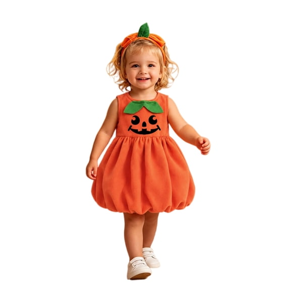 Toddler Girls Pumpkin Sleeveless Bubble Dress, Jack-o'-Lantern Face Outfit With Matching Leaf Headband Soft Fleece Halloween Costume for Party Cosplay Photo Wear(Orange1,4-5 Years)
