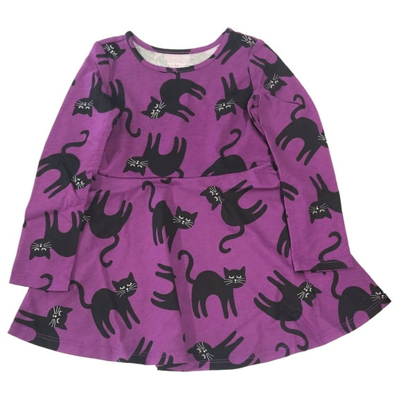 Toddler Girls Purple Black Cat Long Sleeve Halloween Dress 2T