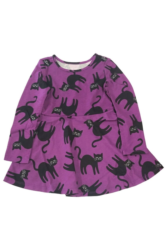 Toddler Girls Purple Black Cat Long Sleeve Halloween Dress 4T