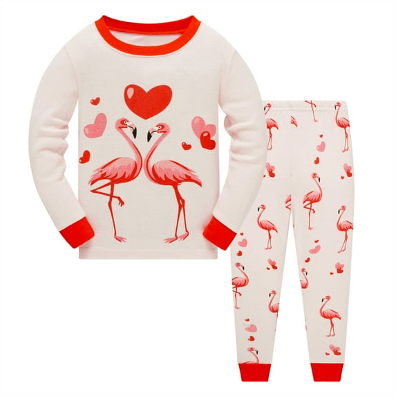 Toddler Girls Pyjamas Flamingo Long Sleeve Sleepwear Winter 2 Piece Clothes Heart Print Nightwear Kids Cotton Pjs Sets 7T