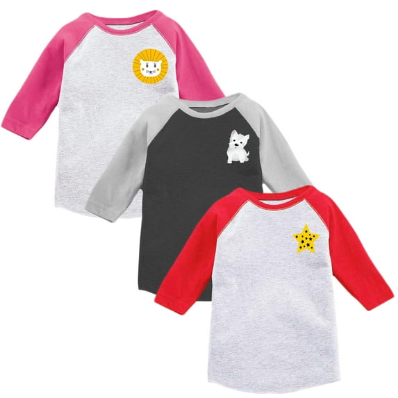Toddler Girls Raglan Baseball Shirt Raglan Shirt Kids Girls Baseball Tee 2T Clothes 3T Outfits 4T T shirts 5T Shirts Lion Dog Star - Pack of 3