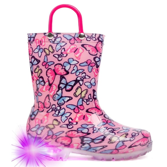 Toddler Girls Rain Boots Little Kids Baby Light Up Rubber Printed Waterproof Mud Insulated Shoes Butterfly Pink Lightweight Adorable with Easy-on Handles Non Slip Size 1