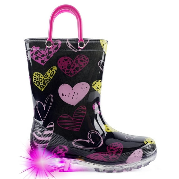 Toddler Girls Rain Boots Little Kids Baby Light Up Rubber Printed Waterproof Mud Insulated Shoes Hearts Black Pink Lightweight Adorable with Easy-on Handles Non Slip Size 1