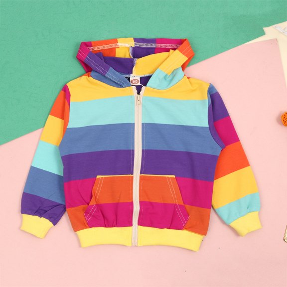 Toddler Girls Rainbow Stripe Hooded Zip Up Jacket Long Sleeve Casual Outerwear Coat 90 Windbreakers for Kids