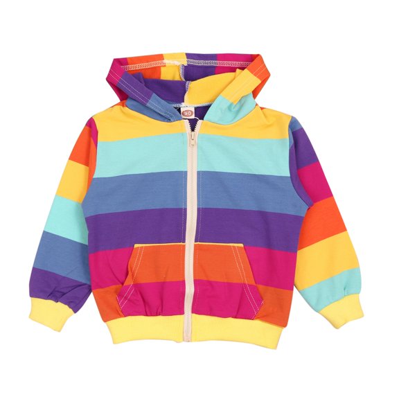 Toddler Girls Rainbow Stripe Hooded Zip Up Jacket Long Sleeve Casual Outerwear Coat 90