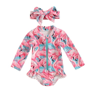 Toddler Girls Rash Guard Swimsuit, Infant Baby Cute Print Zipper Long Sleeve Sun Protection Romper Bathing Suit with Headwear