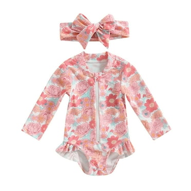 Toddler Girls Rash Guard Swimsuit, Infant Baby Cute Print Zipper Long Sleeve Sun Protection Romper Bathing Suit with Headwear