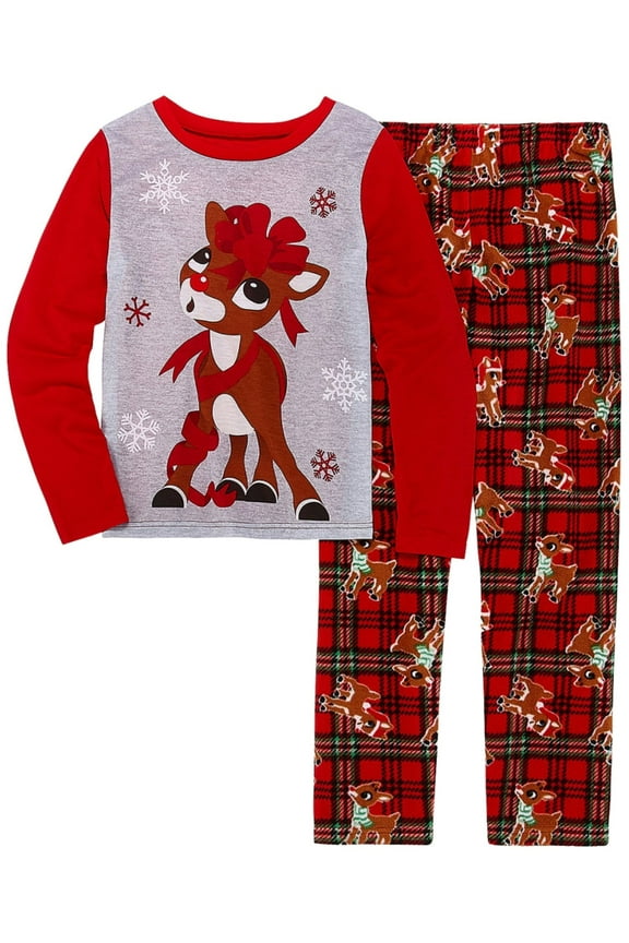 Toddler Girls Red Plaid Rudolph Red Nosed Reindeer Christmas Pajama Set 3T