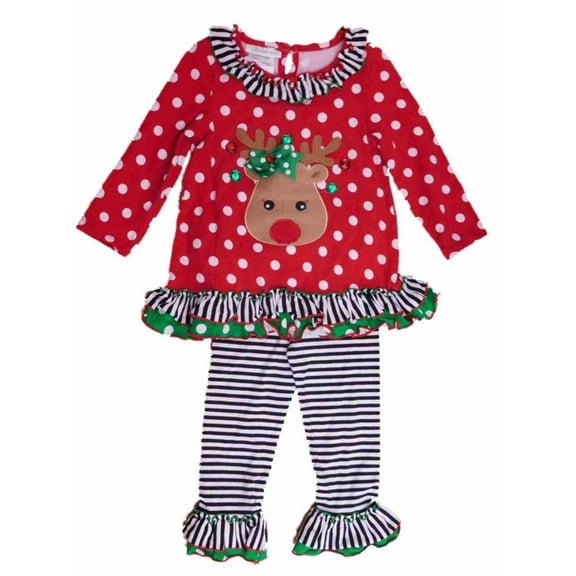 Toddler & Girls Red Polka Dot Reindeer Outfit Holiday Shirt & Leggings Set 4T