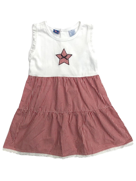 Toddler Girls Red & White Gingham Star Patriotic Sun Dress Sundress 3T