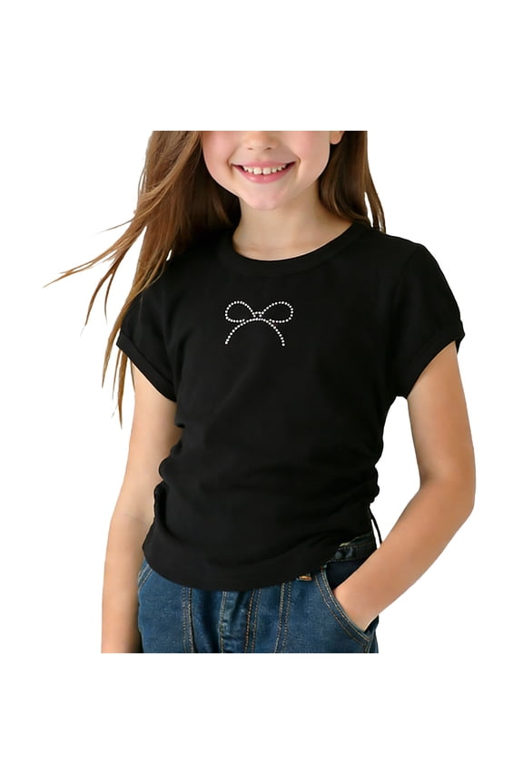 Toddler Girls Rhinestone Bow Top, Short Sleeve Crop Tee with Stretch Casual Fit, Round Neck T-Shirt for Spring Summer Daily Wear