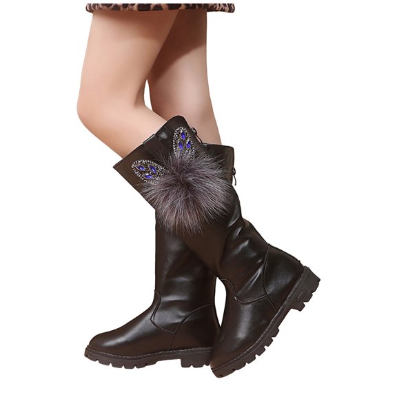 Toddler Girls Rhinestone Fuzzy Rabbit Knee High Boots Winter Warm Furry Lined Slip On Riding Booties