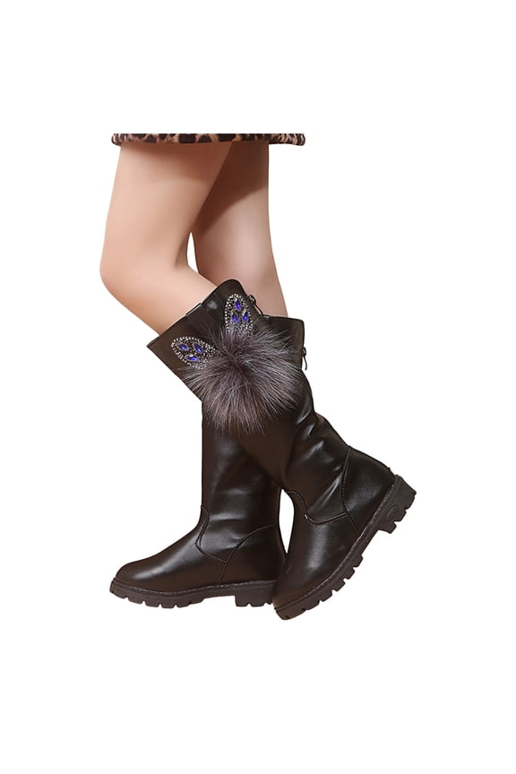 Toddler Girls Rhinestone Fuzzy Rabbit Knee High Boots Winter Warm Furry Lined Slip On Riding Booties