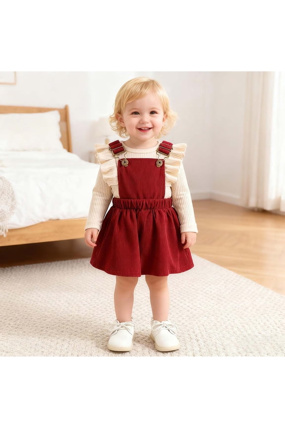Toddler Girls Ribbed Long Sleeve Pinafore Dress and Bodysuit Two Piece Cute Outfit Set for Baby Daughter