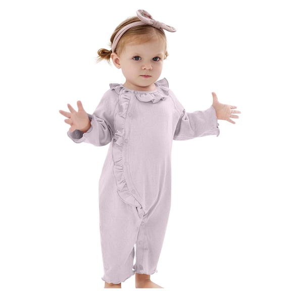 Toddler Girls Romper Cotton Ruffled Crew Neck Long Sleeve Pleated Button Oneise Spring Fall Comfy Jumpsuit (0-3 Months, Purple)
