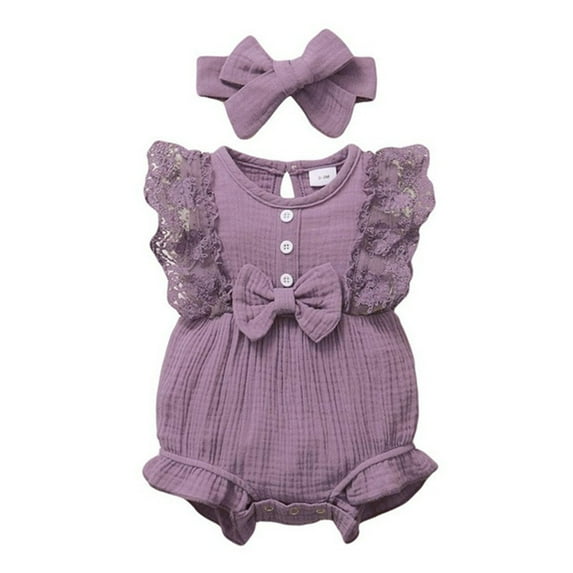Toddler Girls Romper Summer Lace Romper Sleeveless Ruffle Bow Decorated Onesie Jumpsuit With Headband 2 Pieces Purple Infant Boys Bodysuit 0-3M