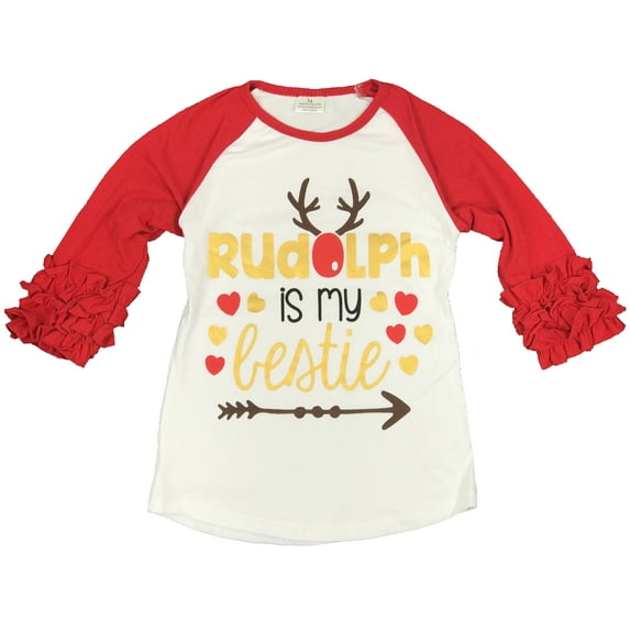 Toddler Girls Rudolph Bestie Christmas Ruffle Party Holiday Raglan Top T-Shirt Tee Red 2T XS (P317389P)