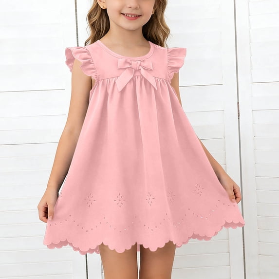 Toddler Girls Ruffle Hem Dress 6 Months-3 Years Summer Solid Color Ruffle Trim Hollow Hem Casual Princess Dress Lightweight Soft for Daily Wear Birthday and Outdoor Activities Pink